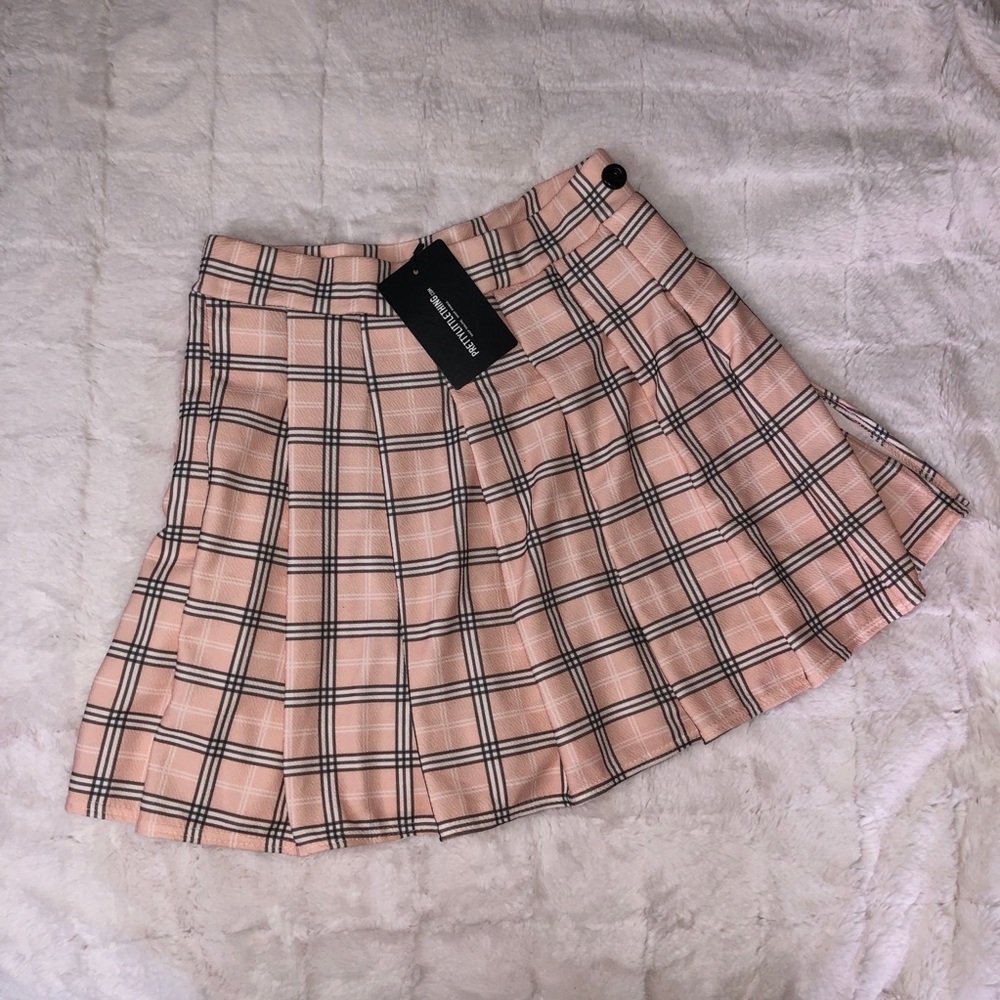 PLT PINK PLEATED CHECK SIDE SPLIT TENNIS SKIRT